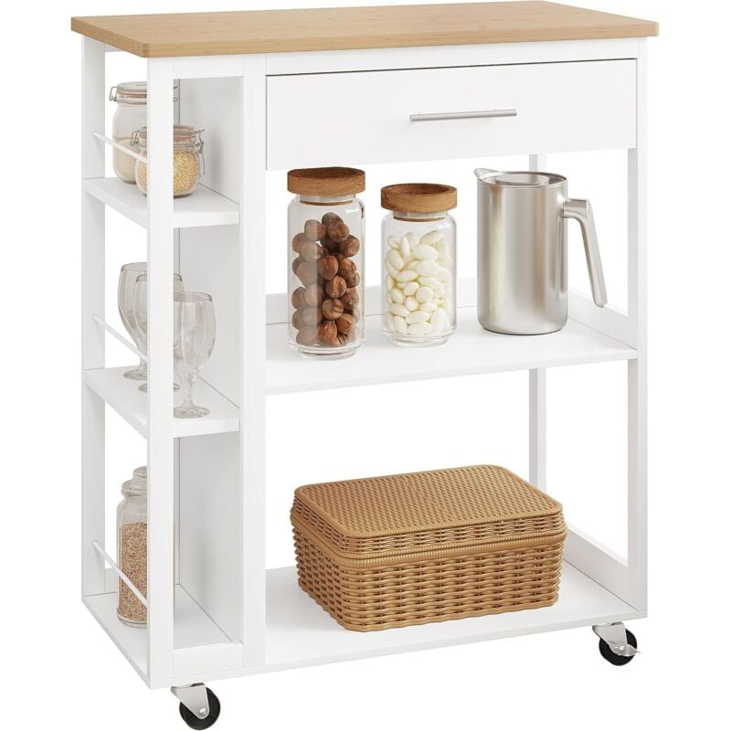 foto del prodotto carrello da cucina in legno. mobiletto portaoggetti con ruote girevoli. cassetto e ripiani aperti. carrellino salvaspazio porta microonde. bianco.