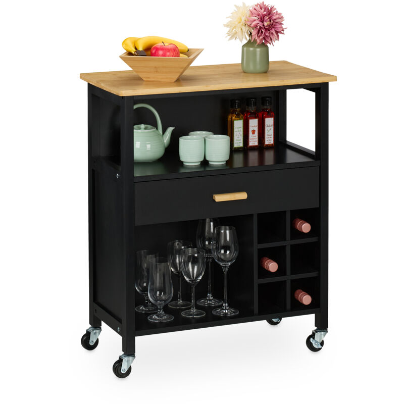 foto del prodotto carrello da cucina, isola a ruote con cassetto e posto 6 bottiglie, 2 scomparti, 80x65x35 cm, bamb , mdf, nero relaxdays