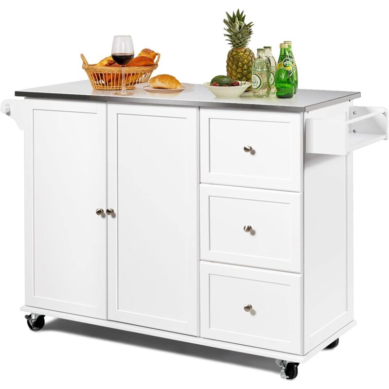 foto del prodotto carrello da cucina, isola da cucina con piano in acciaio inox, 3 cassetti e armadietto a 2 ante, ripiani regolabili e portasciugamani e portaspezie,