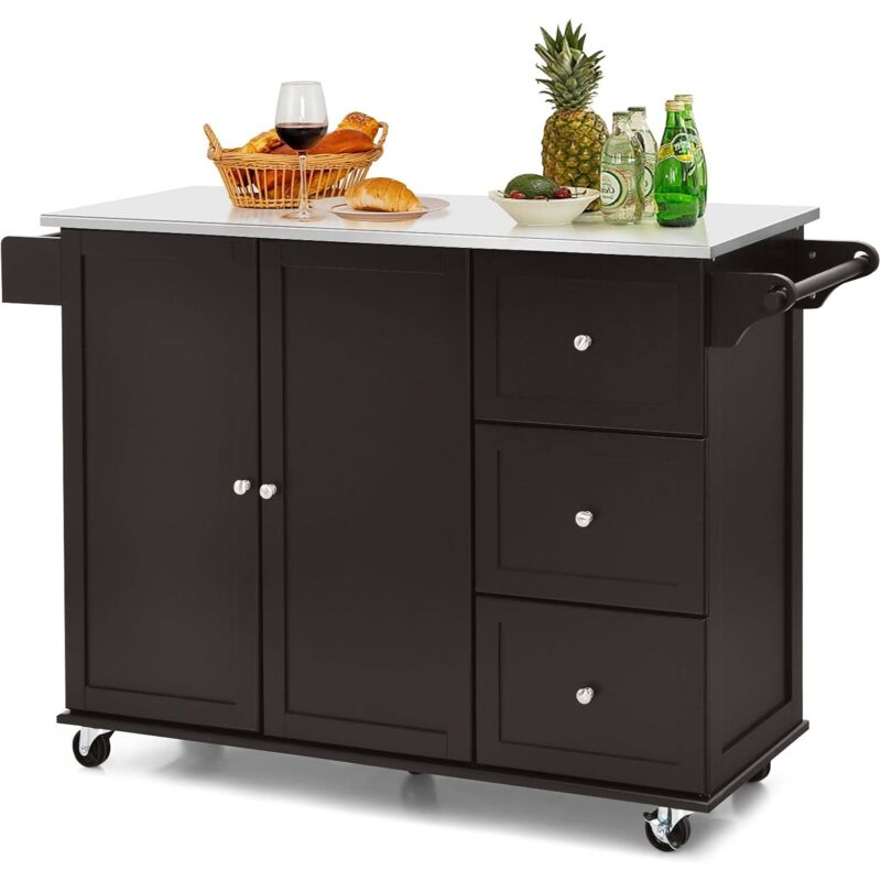 foto del prodotto carrello da cucina, isola da cucina con piano in acciaio inox, 3 cassetti e armadietto a 2 ante, ripiani regolabili e portasciugamani e portaspezie,