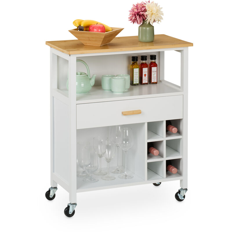 foto del prodotto carrello da cucina, isola ruote con cassetto e posto 6 bottiglie, 2 scomparti, 80x65x35 cm, bamb , mdf, bianco relaxdays