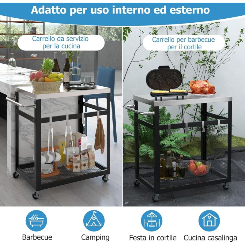 foto del prodotto carrello da cucina, materiale in acciaio inossidabile e in ferro, con 1 manico, 4 ruote frenabili e 4 ganci, versatile per cucina, soggiorno,