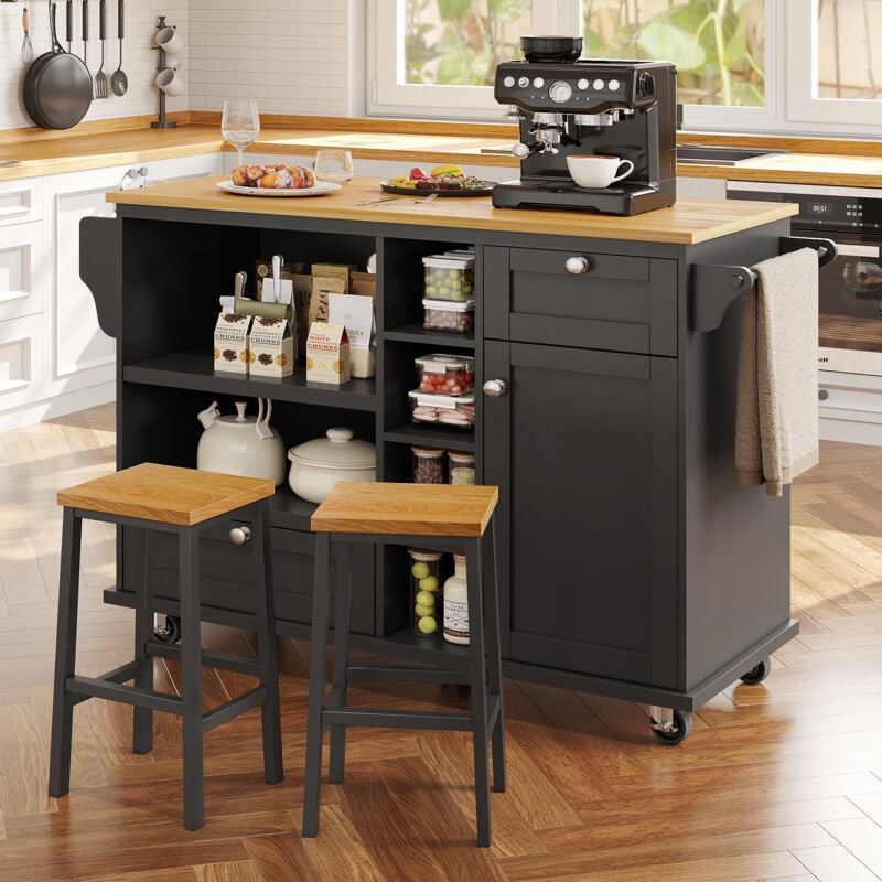 foto del prodotto carrello da cucina, mobile contenitore, carrello credenza, credenza 119x46x92 cm, 2 cassetti, ripiani regolabili, nero