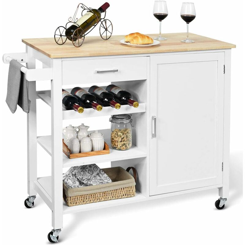 foto del prodotto carrello da cucina multifunzione in legno, cassetto, portabottiglie, armadietto con anta, portasciugamani laterale, 100 x 48 x 90 cm bianco goplus
