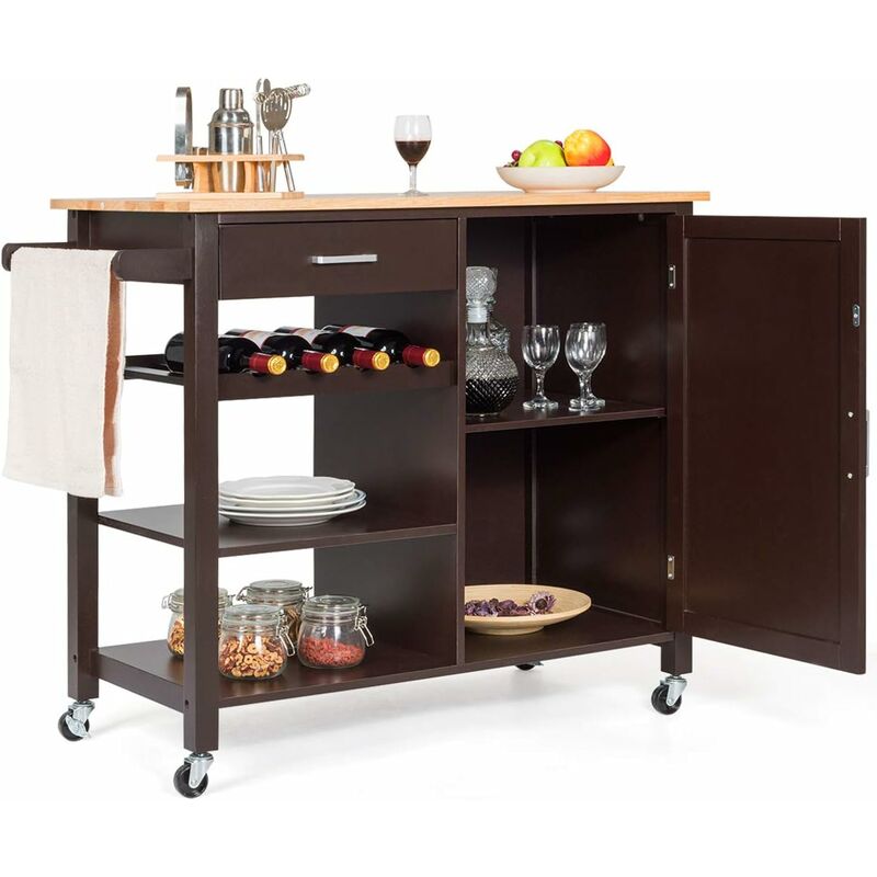 foto del prodotto carrello da cucina multifunzione in legno, cassetto, portabottiglie, armadietto con anta, portasciugamani laterale, 100 x 48 x 90 cm marrone 