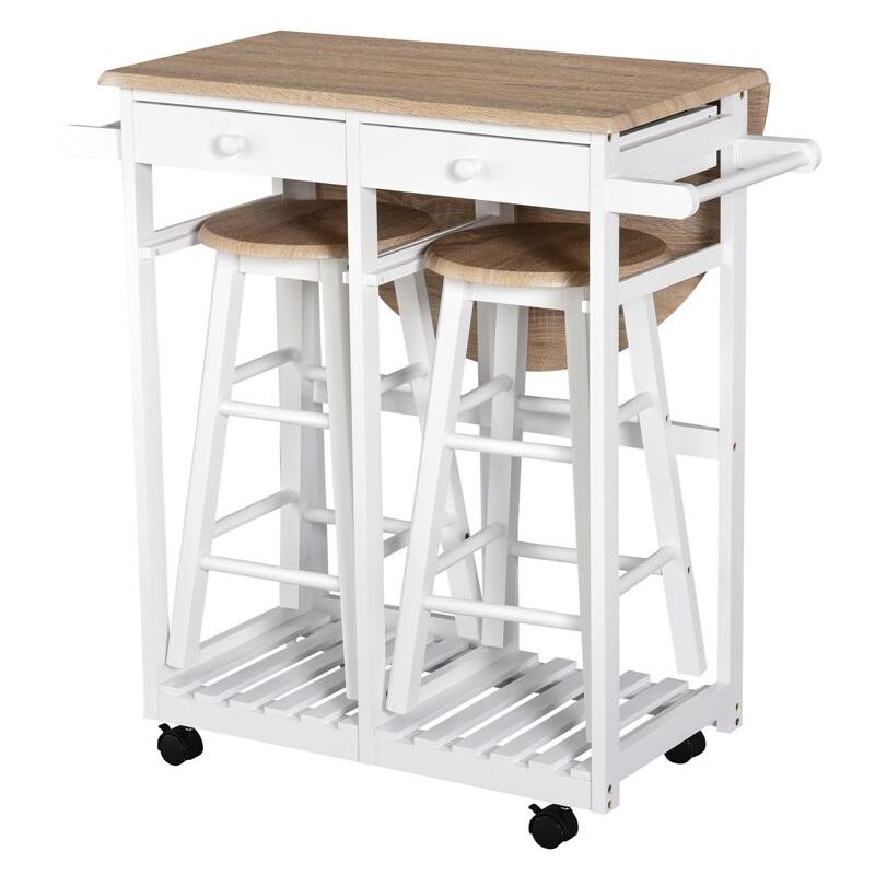 foto del prodotto carrello da cucina pieghevole con 2 sgabelli in legno bianco 83.5x74 x 83 cm