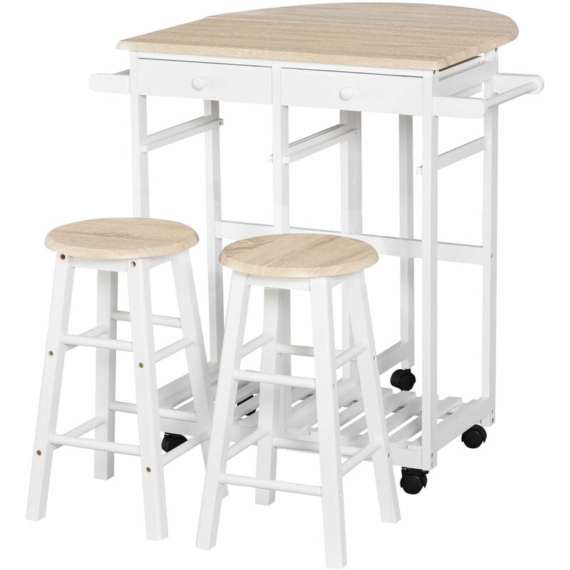 foto del prodotto carrello da cucina pieghevole con 2 sgabelli in legno mdf bianco homcom