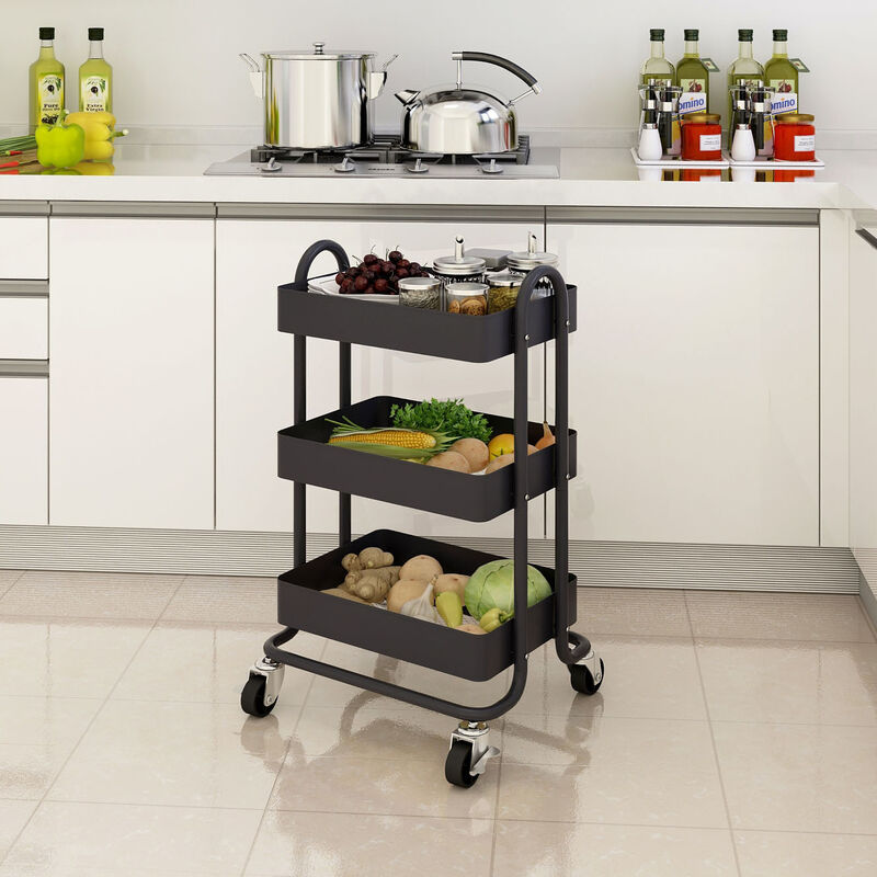 foto del prodotto carrello da cucina 'pyhäntä' in acciaio con 3 contenitori - nero opaco [en.casa]