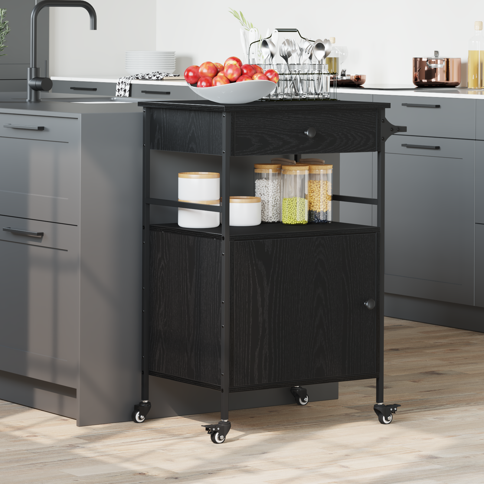 foto del prodotto carrello da cucina rovere nero 56x43x89,5 cm legno ingegnerizzato