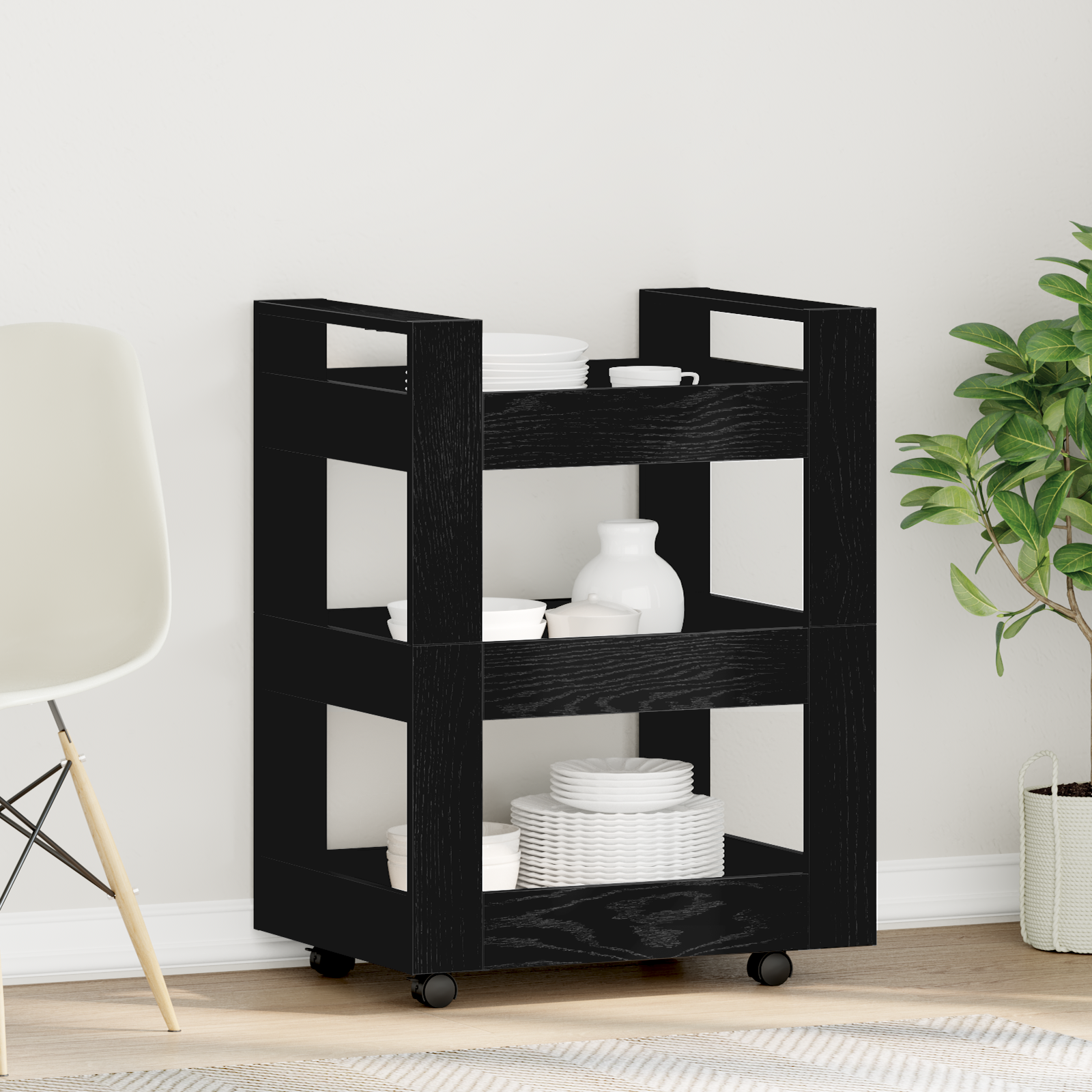 foto del prodotto carrello da cucina rovere nero 60x45x80 cm legno ingegnerizzato