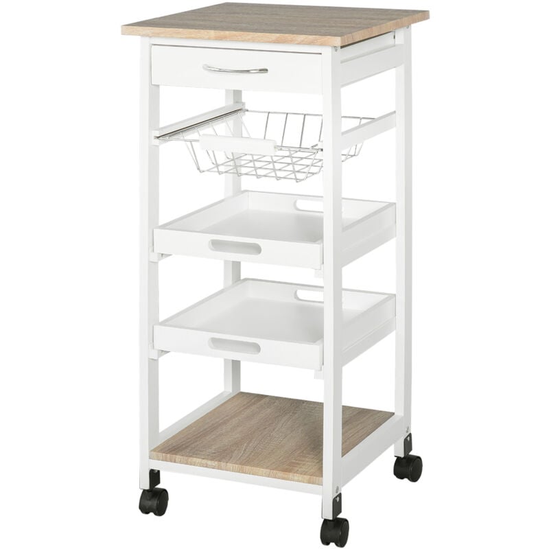foto del prodotto carrello da cucina salvaspazio in legno bianco con 4 ruote 37x37x82cm homcom
