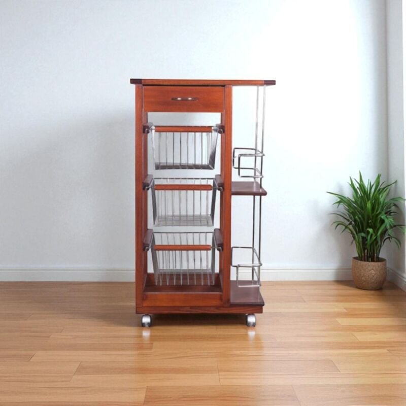 foto del prodotto carrello da cucina slim portafrutta con portabottiglie ciliegio