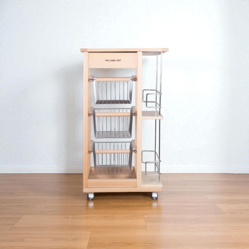 foto del prodotto carrello da cucina slim portafrutta con portabottiglie naturale