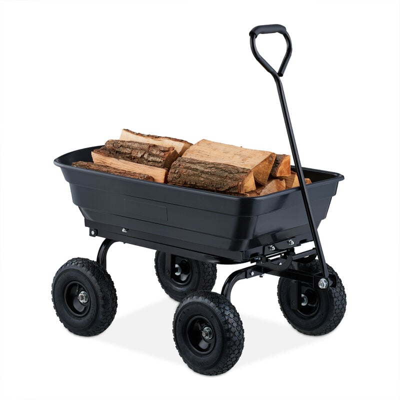 foto del prodotto carrello da giardino con vasca ribaltabile, 4 ruote 3.50 4, carretto a mano per trasporto carichi 250 kg, nero relaxdays