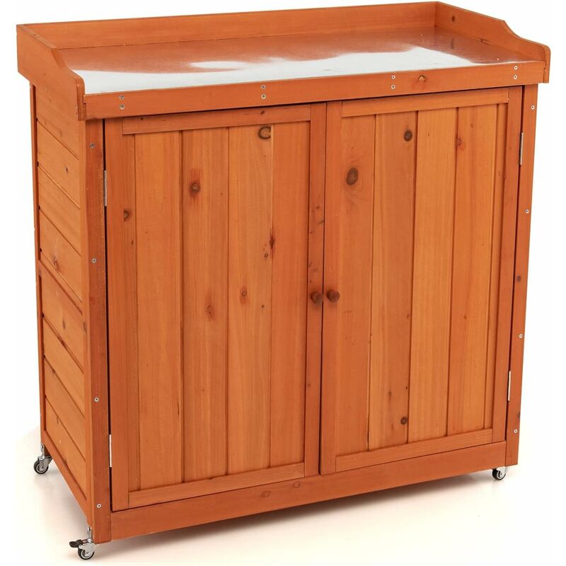 foto del prodotto carrello da officina, armadio per attrezzi con ante, due scomparti, abete, finitura verniciata, quattro ruote, maniglia rotonda, carrello per