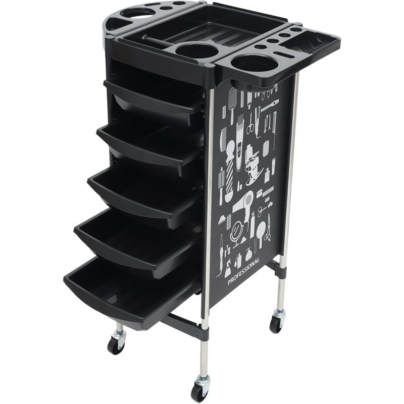 foto del prodotto carrello da parrucchiere, carrello a rotelle con 5 cassetti, multifunzione, per saloni di bellezza, parrucchieri nero 