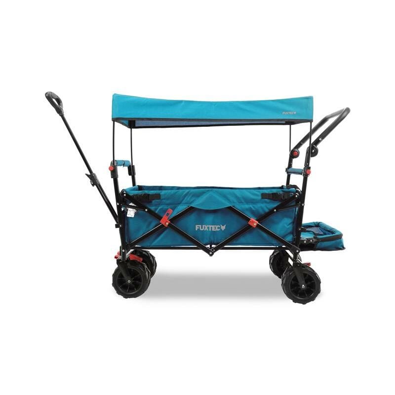 foto del prodotto carrello da spiaggia pieghevole fuxtec fx ctb800 blu con tettuccio parasole protetto dai raggi uv, maniglia di spinta e prolungamento interno
