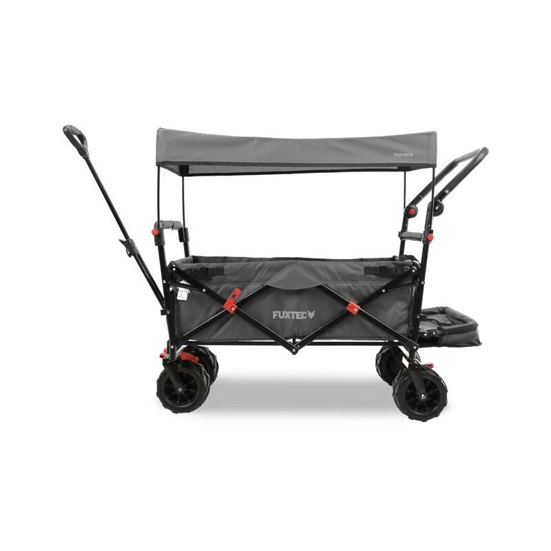 foto del prodotto carrello da spiaggia pieghevole fuxtec fx ctb800 grigio con tettuccio parasole protetto dai raggi uv, maniglia di spinta e prolungamento interno