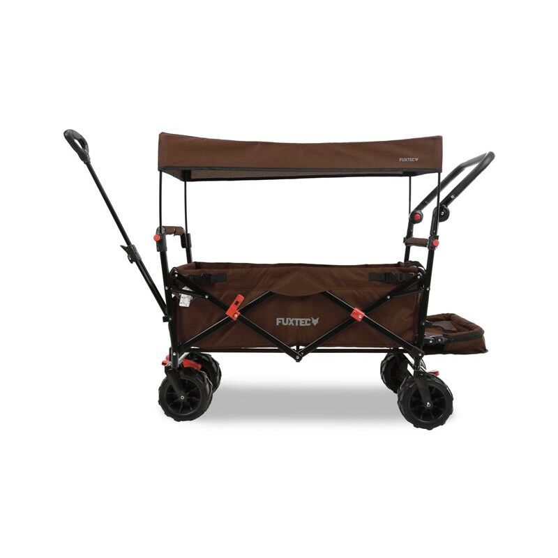 foto del prodotto carrello da spiaggia pieghevole fuxtec fx ctb800 marrone con tettuccio parasole protetto dai raggi uv, maniglia di spinta e prolungamento interno