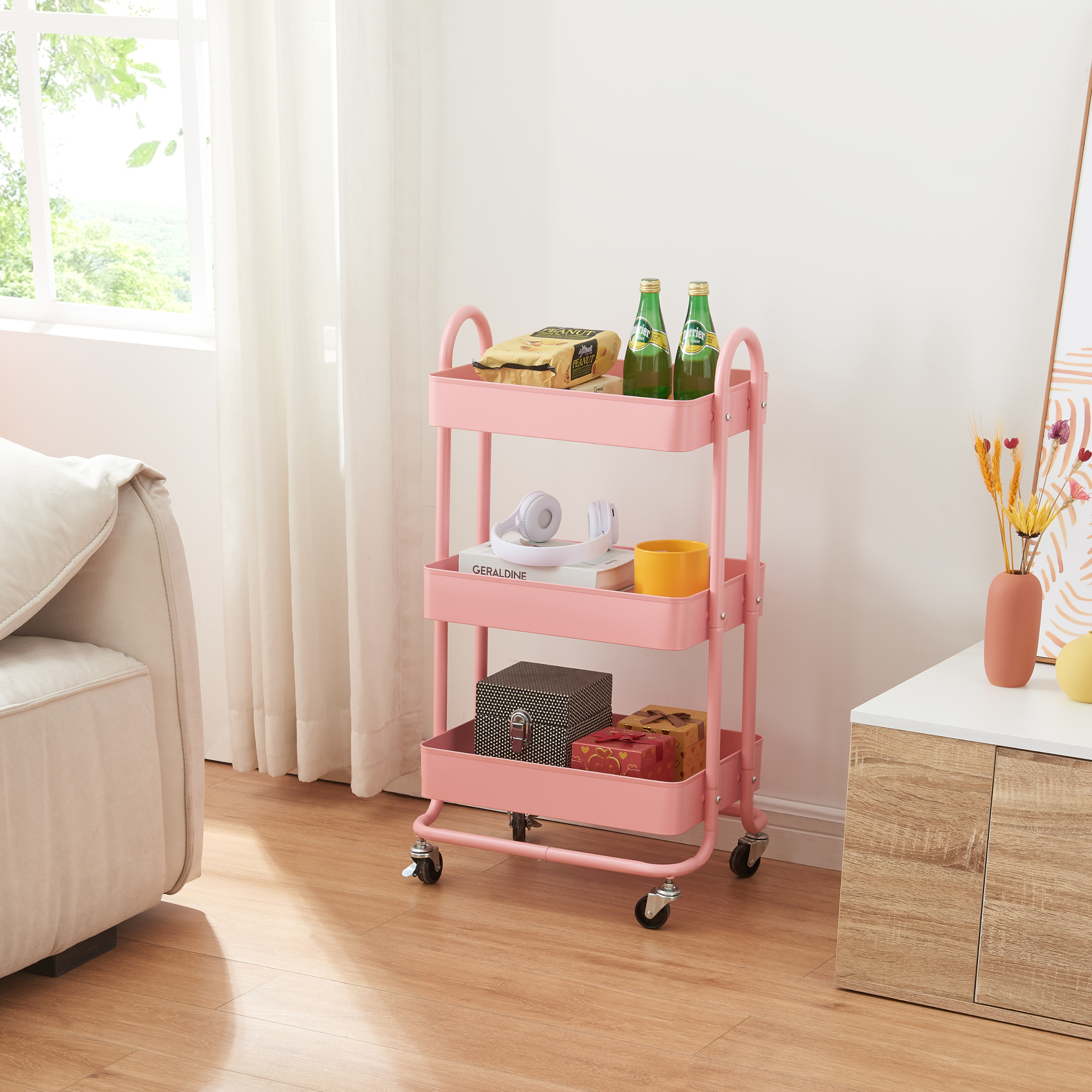 foto del prodotto carrello da stoccaggio pyh nt con 3 contenitori acciaio rosa en.casa 