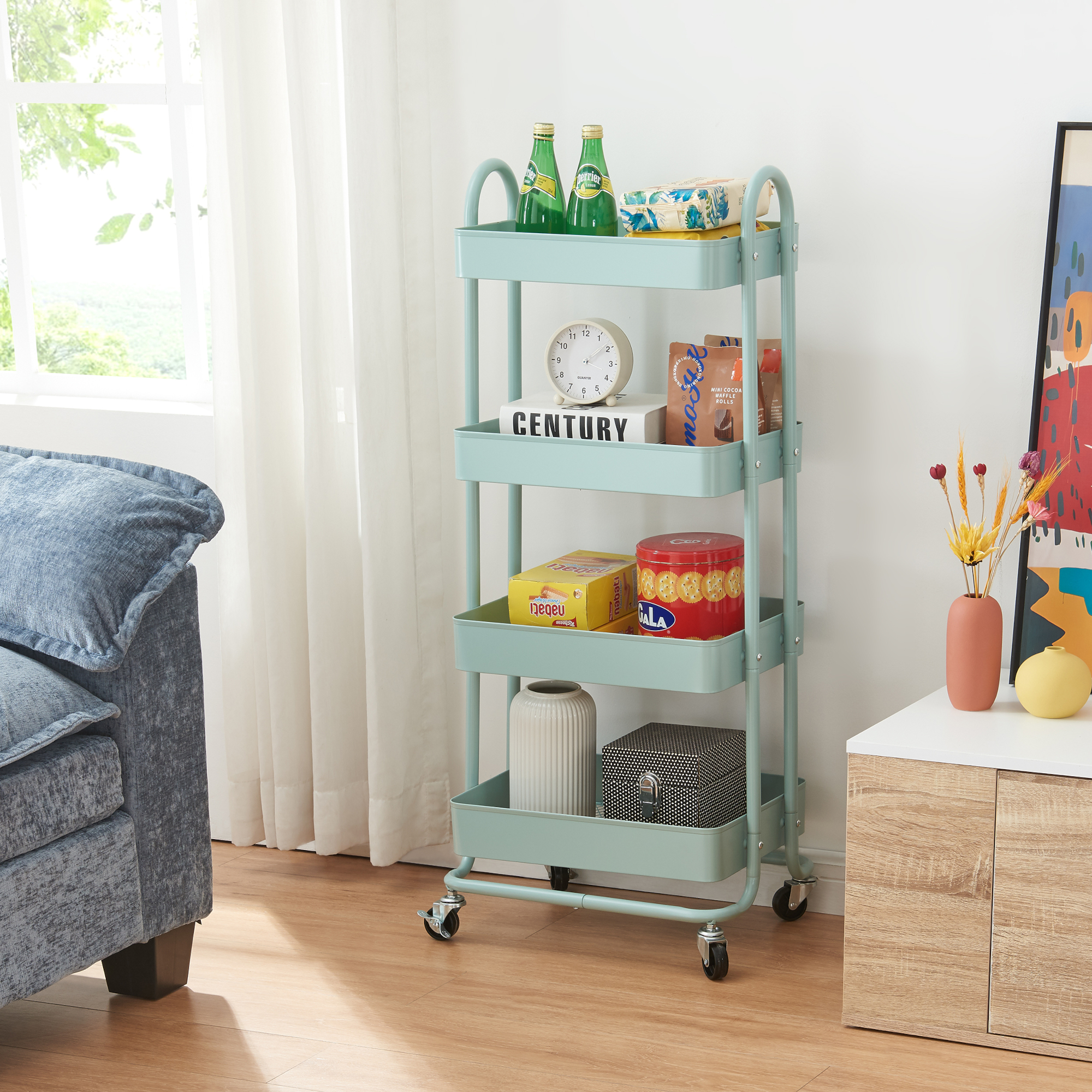 foto del prodotto carrello da stoccaggio pyh nt con 4 contenitori acciaio menta verde en.casa 