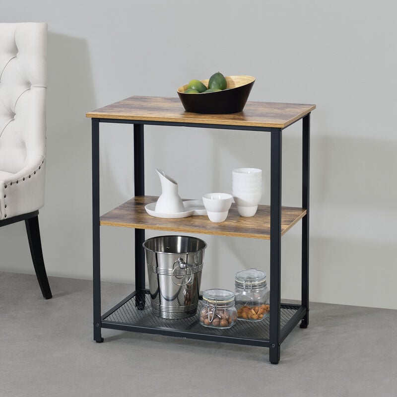 foto del prodotto carrello di servizio con 3 ripiani in color legno scuro e nero portavivande da cucina mense con 4 ruote rimovibili catering ristorazione scaffale