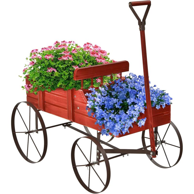 foto del prodotto carrello fioriera da giardino, carrettino in legno per fiori, con 4 ruote e manico regolabile, portata 15 kg, porta piante da esterno giardinaggio,