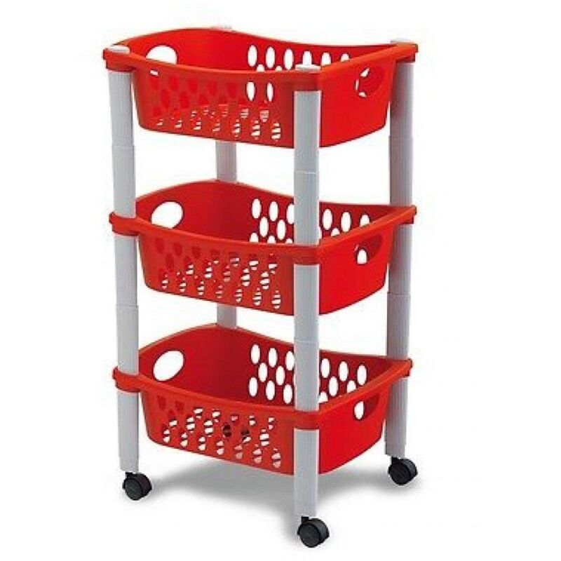 foto del prodotto carrello frutta rosso cucina carrellino di servizio in plastica 3 cassetti ruote