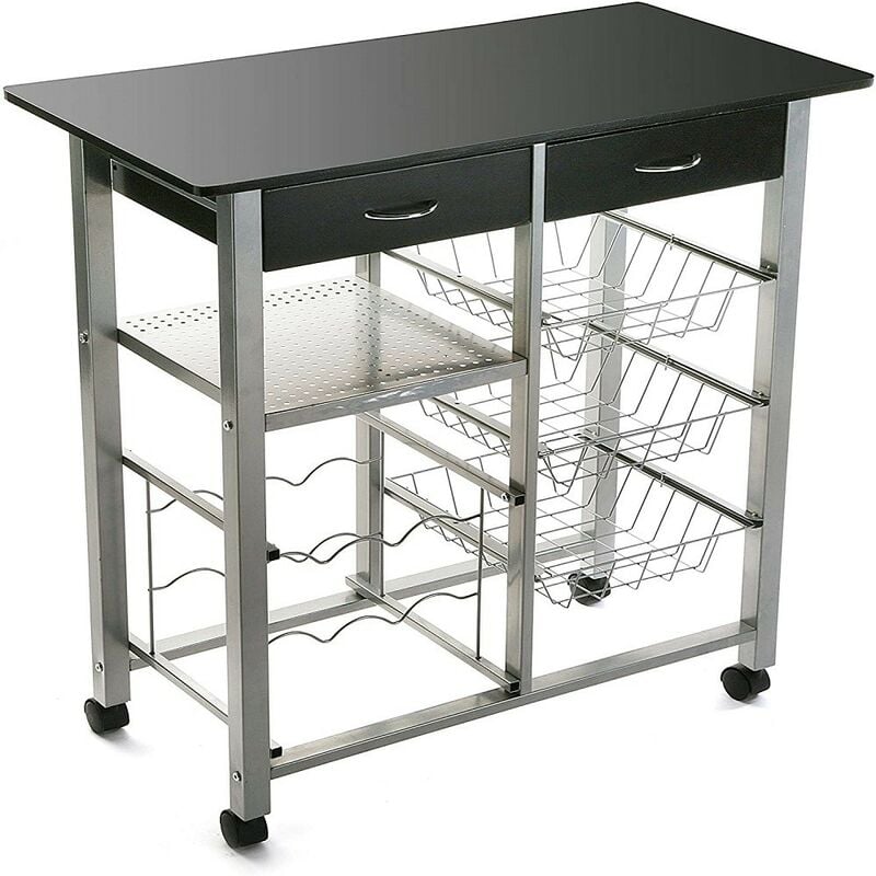 foto del prodotto carrello in acciaio portatutto da cucina con portabottiglie 3cestini 2 cassetti tavolo da lavoro in cucina