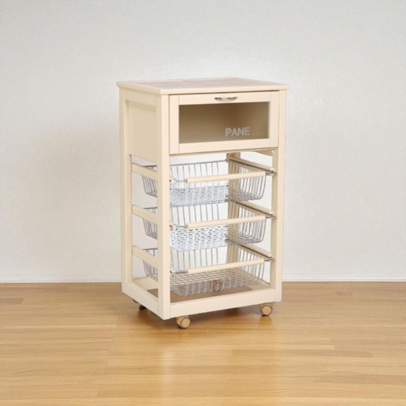 foto del prodotto carrello in legno portapane con cesti portafrutta landhell avorio