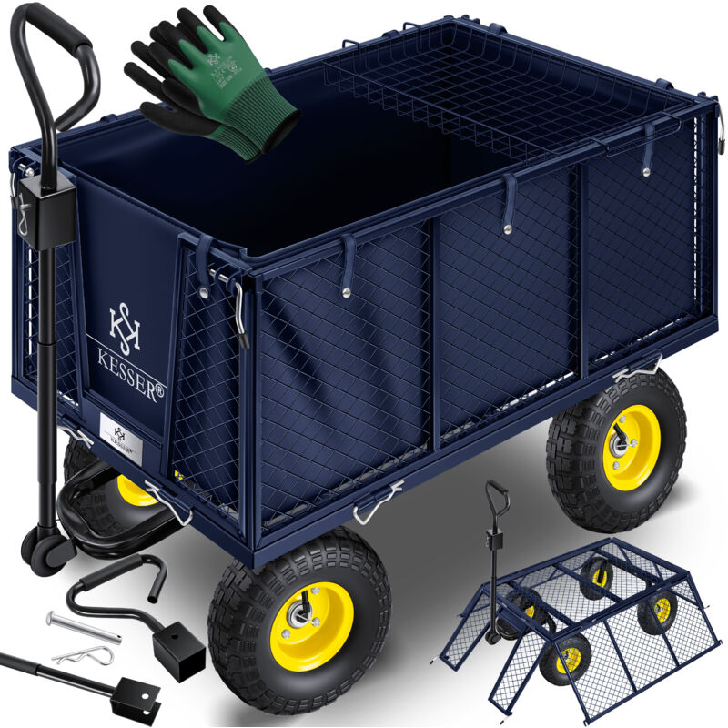 foto del prodotto carrello manuale da 550 kg, carrello da giardino, carrello da trasporto, telone rimovibile, versatile, guanti inclusi, blu navy 550kg kesser