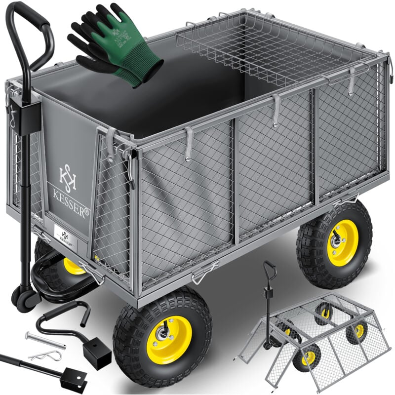 foto del prodotto carrello manuale da 550 kg, carrello da giardino, carrello da trasporto, telone rimovibile, versatile, guanti inclusi, grigio 550kg kesser