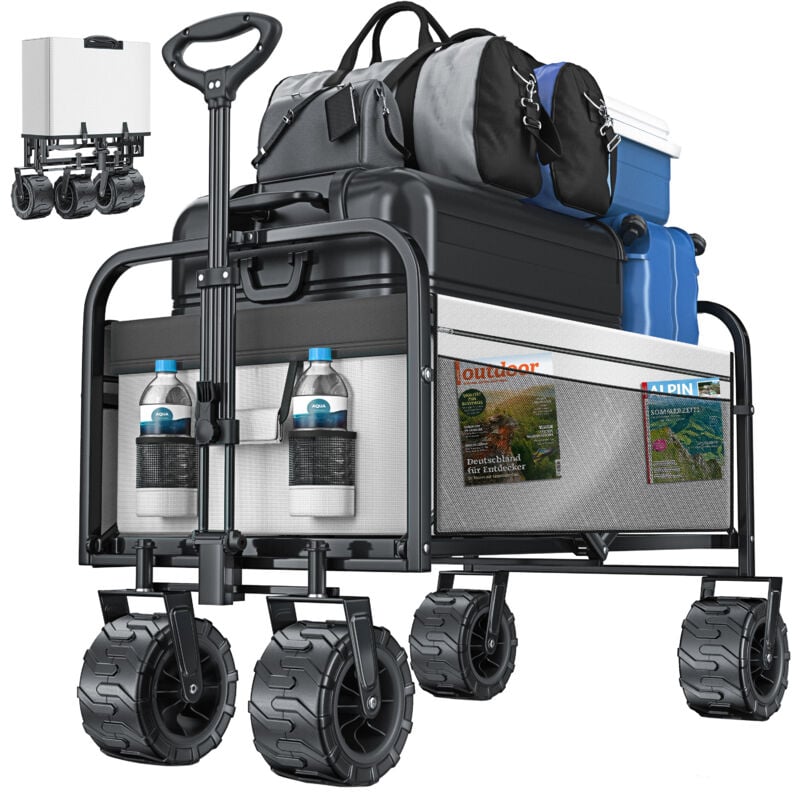 foto del prodotto carrello manuale pieghevole con pneumatici larghi carrello da trasporto per attrezzature incl. 2 tasche a rete pieghevole pneumatici in plastica