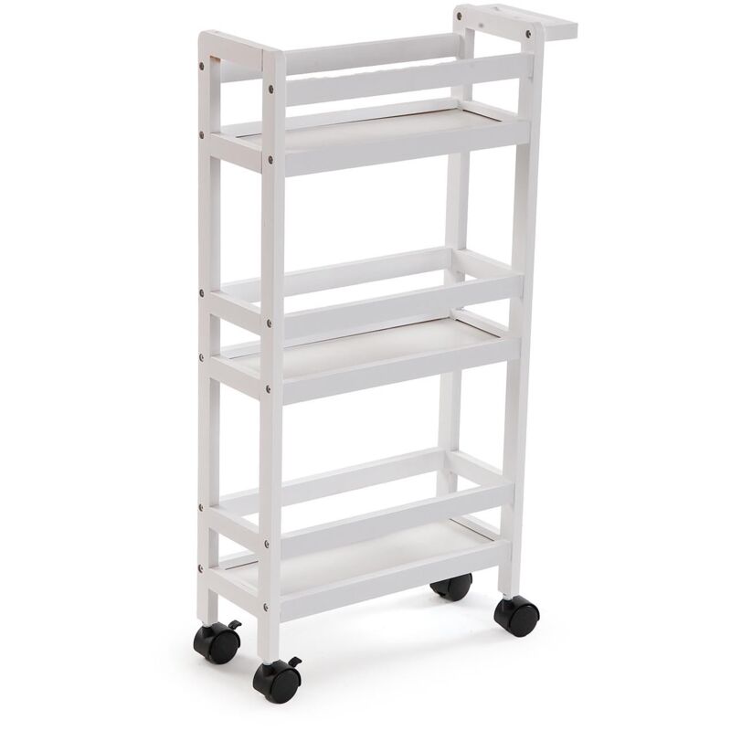 foto del prodotto carrello multifunzionale salvaspazio in legno bianco 3 ripiani 4 ruote per casa ufficio cucina bagno ripostiglio organizzato in poco spazio