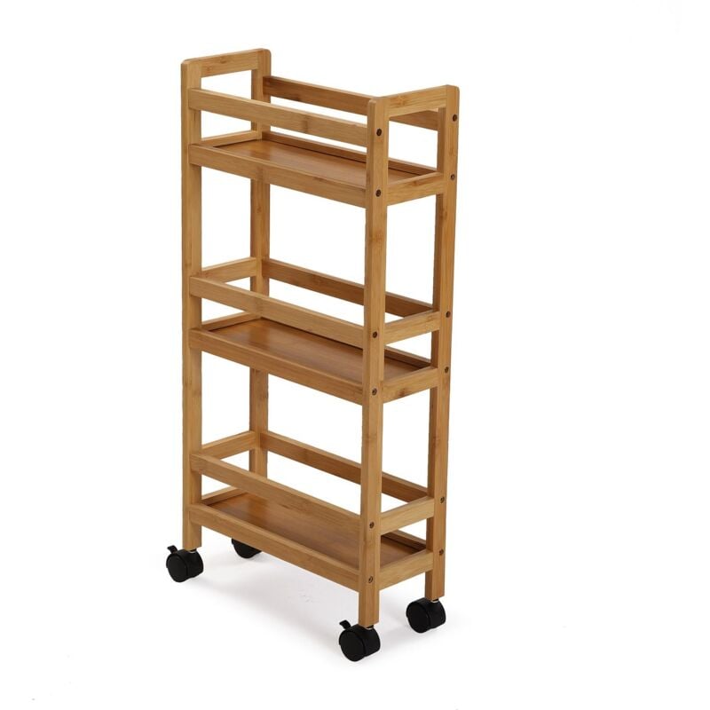 foto del prodotto carrello multifunzionale salvaspazio in legno naturale 3 ripiani 4 ruote per casa ufficio cucina bagno ripostiglio organizzato in poco spazio
