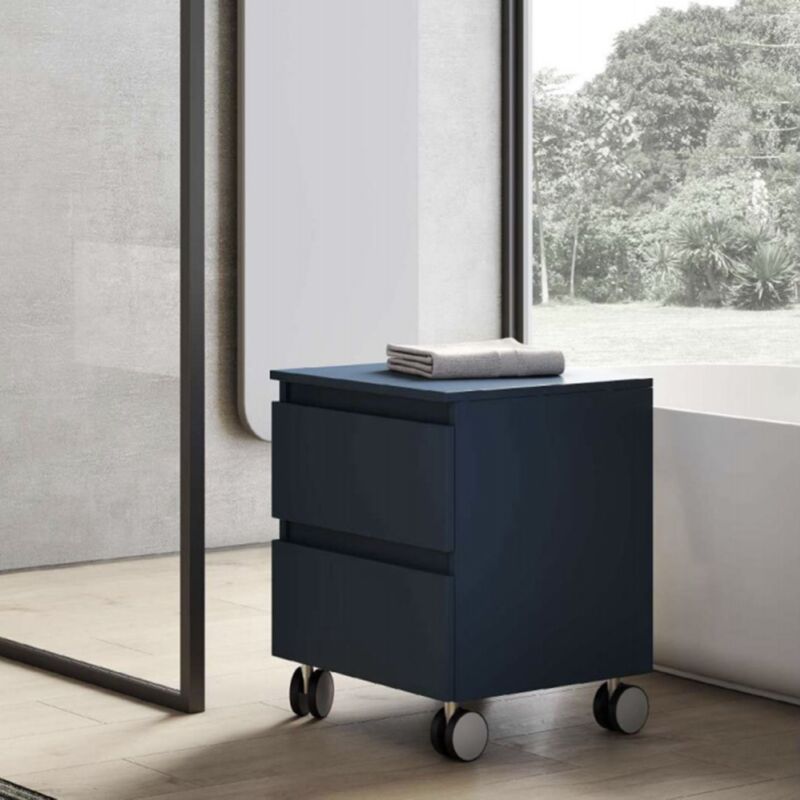 foto del prodotto carrello multiuso in legno 41x44xh58 con ruote e 2 cassetti blu opaco