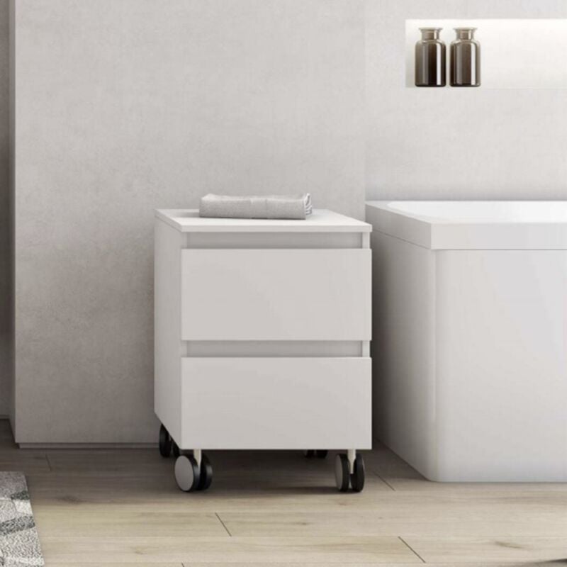foto del prodotto carrello multiuso in legno con ruote e 2 cassetti 41x44xh58 bianco lucido