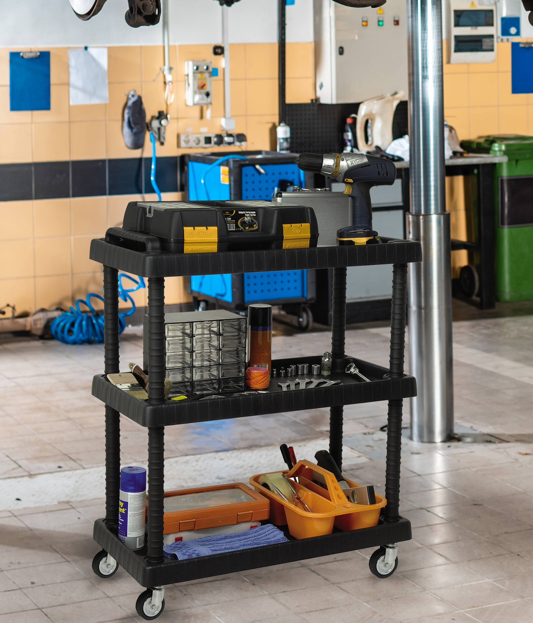 foto del prodotto carrello multiuso in polipropilene a 3 ripiani con vinci, scaffale su vinci, 100 made in italy,cm 76x16h38, colore antracite