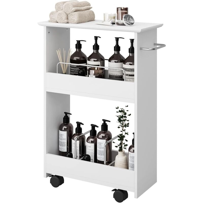 foto del prodotto carrello per bagno a 3 livelli, mobiletto bagno salvaspazio con ruote e portasciugamani, carrello multiuso per bagno cucina soggiorno, 46x20x65 cm