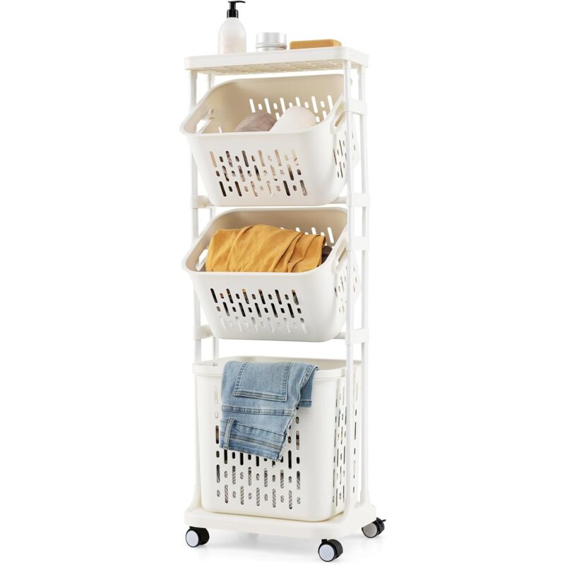 foto del prodotto carrello per lavanderia a 3 ripiani, organizzatore per bucato con 4 ruote girevoli e 3 cestini, carrello sottile multiuso per bagno lavanderia, 40 x