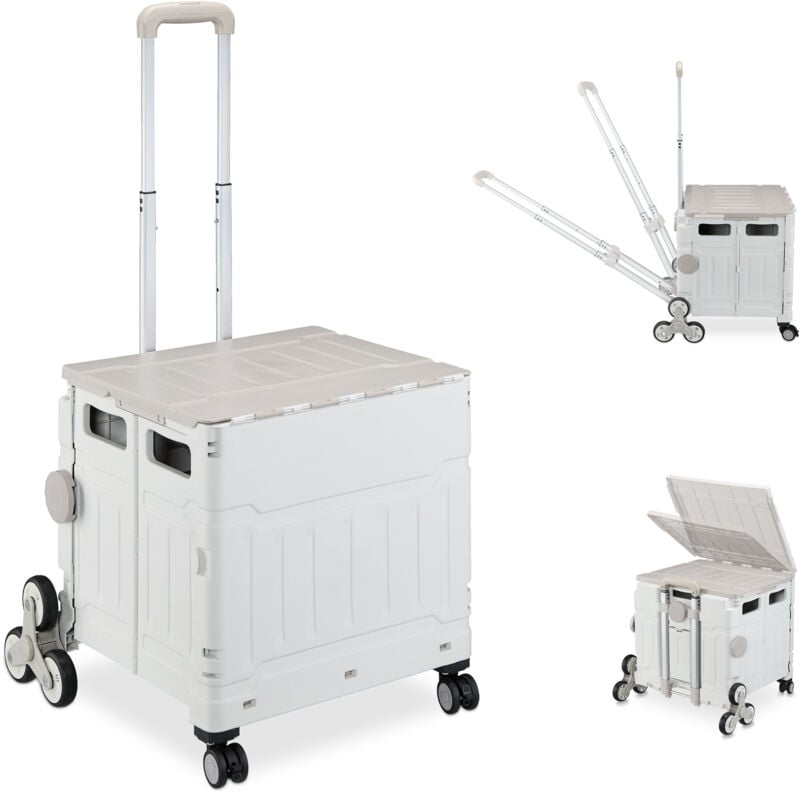 foto del prodotto carrello per spesa montascale, 50 kg carico, manico e coperchio, carrellino trolley portaspesa, bianco grigio relaxdays