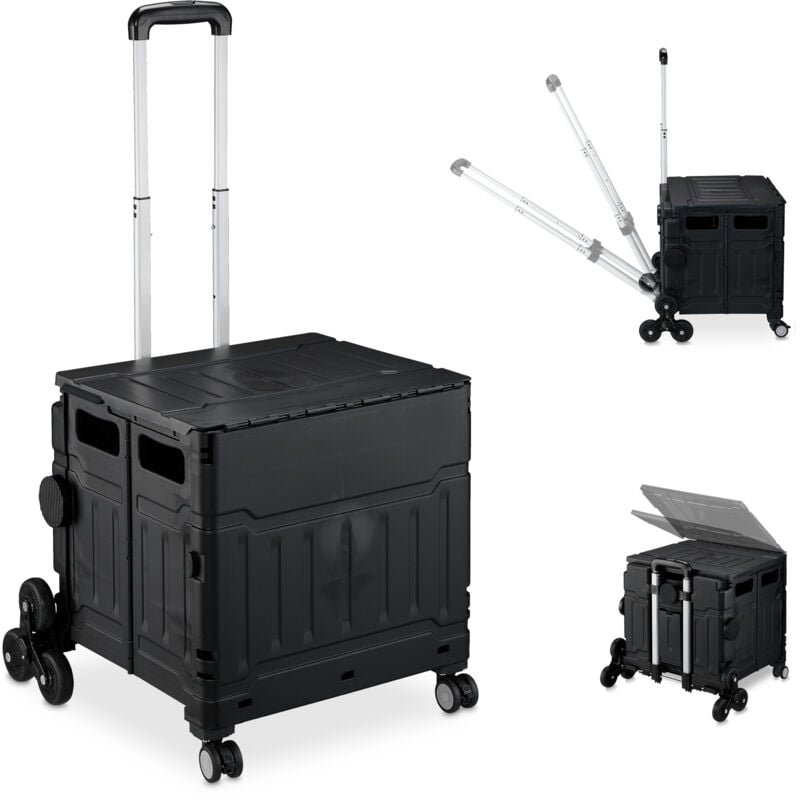 foto del prodotto carrello per spesa montascale, 50 kg carico, manico e coperchio, carrellino trolley portaspesa, nero relaxdays
