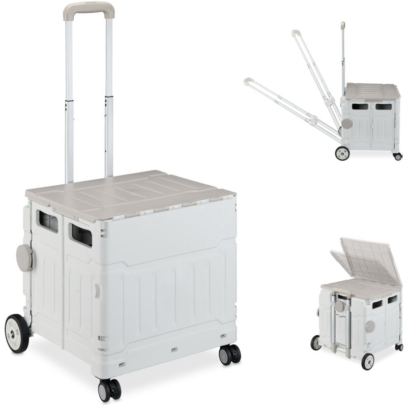 foto del prodotto carrello per spesa pieghevole, 50 kg carico, manico e coperchio, carrellino trolley portaspesa, bianco grigio relaxdays