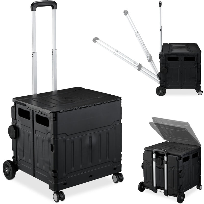 foto del prodotto carrello per spesa pieghevole, 50 kg carico, manico e coperchio, carrellino trolley portaspesa, nero relaxdays