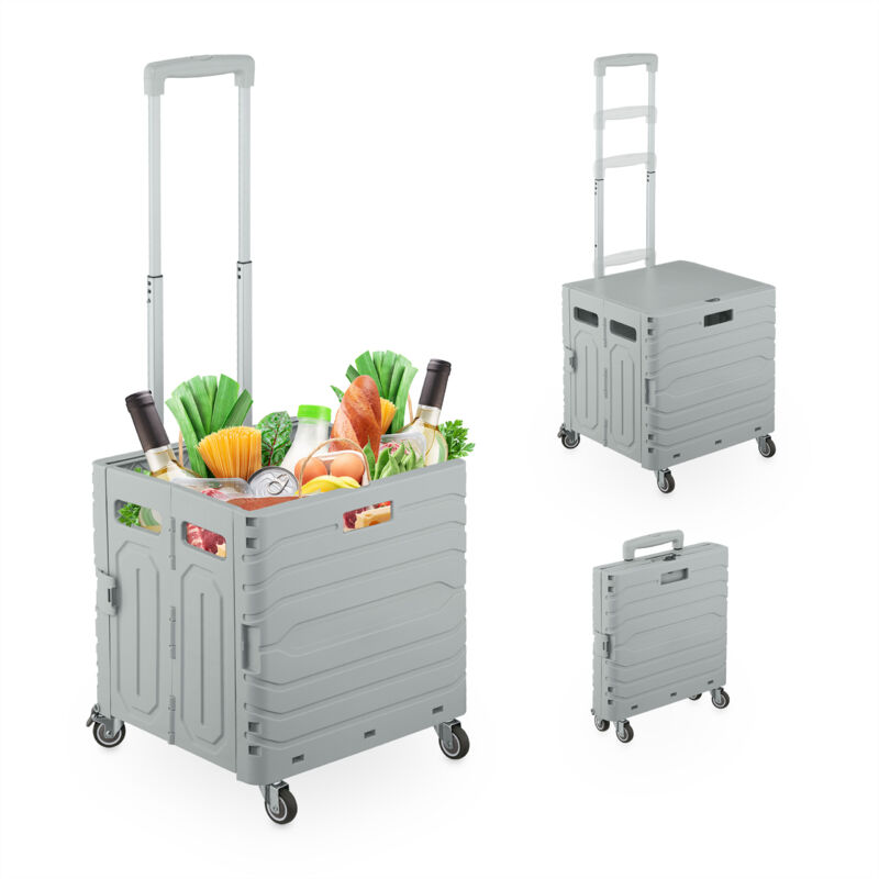foto del prodotto carrello per spesa pieghevole, regge 35 kg, manico allungabile e coperchio, carrellino portaspesa, grigio relaxdays