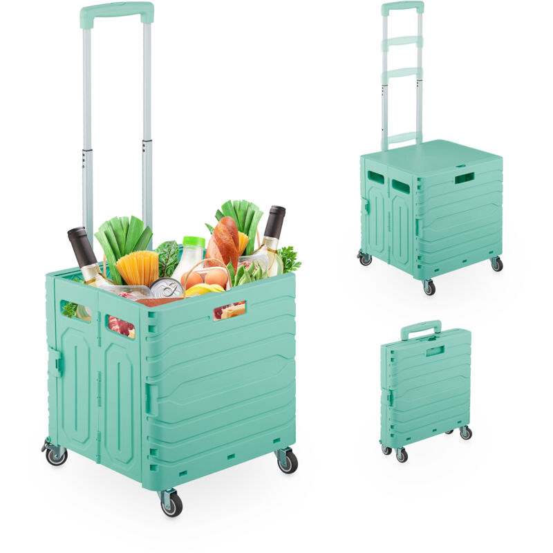 foto del prodotto carrello per spesa pieghevole, regge 35 kg, manico allungabile e coperchio, carrellino portaspesa, turchese relaxdays