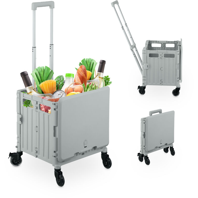 foto del prodotto carrello per spesa pieghevole, regge 35 kg, manico telescopico e coperchio, carrellino portaspesa, grigio relaxdays