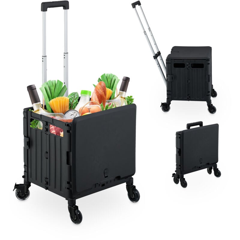 foto del prodotto carrello per spesa pieghevole, regge 35 kg, manico telescopico e coperchio, carrellino portaspesa, nero relaxdays