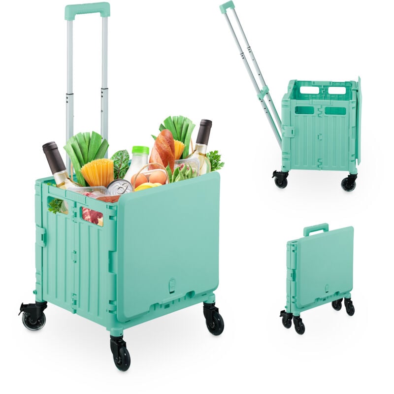 foto del prodotto carrello per spesa pieghevole, regge 35 kg, manico telescopico e coperchio, carrellino portaspesa, turchese relaxdays