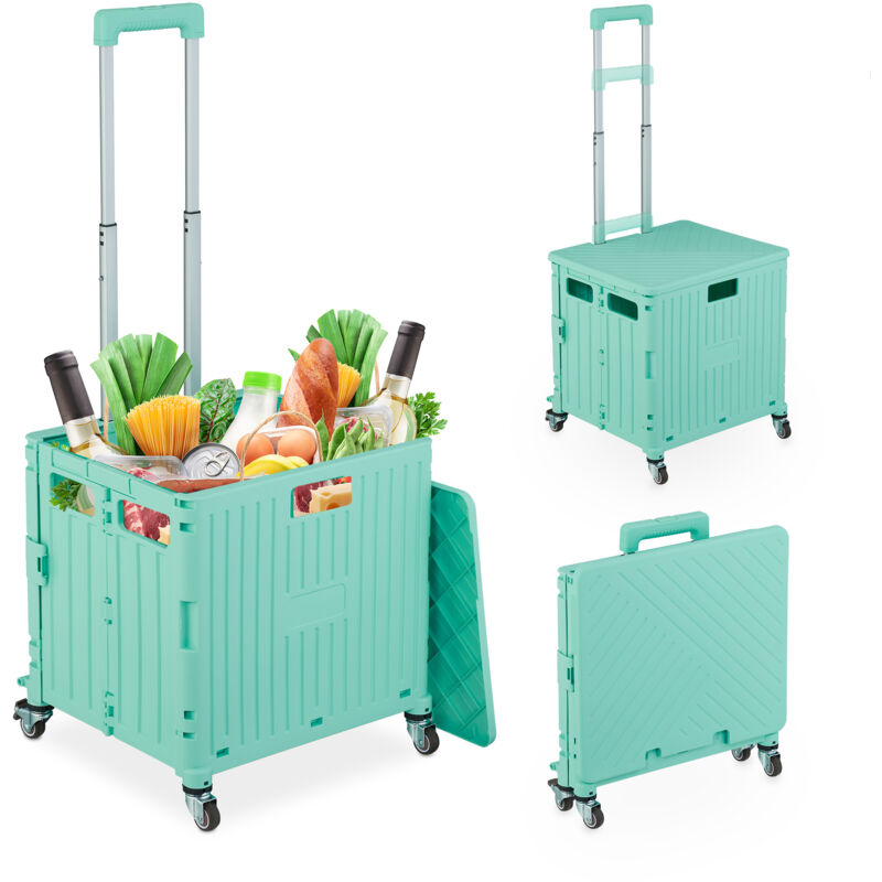 foto del prodotto carrello per spesa pieghevole, regge 35 kg, manico telescopico e coperchio, carrellino portaspesa, turchese relaxdays
